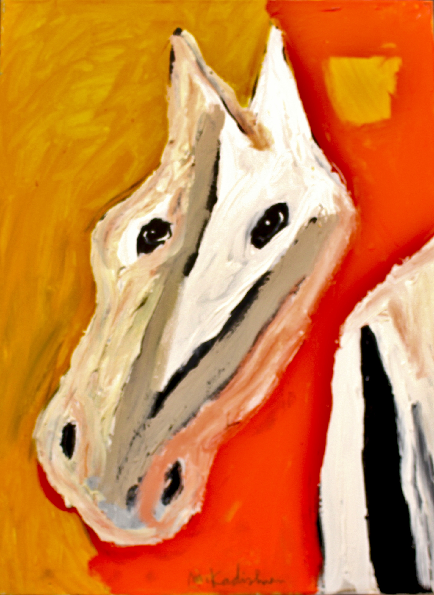 סוס לבן ברקע אדום וצהוב